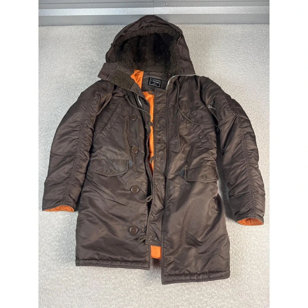 J. Peterman Parka Coat Womens Small Brown Hooded Nylon Insulated Full Zip Winter